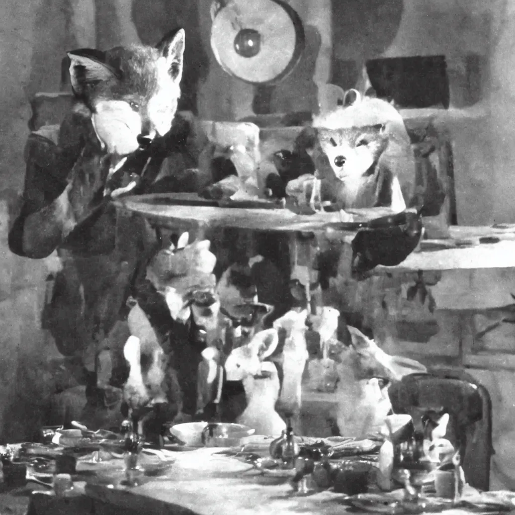 Prompt: An anthropomorphic fox man with bloodshot eyes hiding behind a table, 1930s film scene