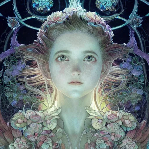 Image similar to aerith gainsborough, intricate, elegant, hyper detailed, finely detailed beautiful angelic symmetry face delicate, smooth, sharp focus, award - winning, masterpiece, in bloom greenhouse, shining light came in through the window, style of tom bagshaw, cedric peyravernay, peter mohrbacher, louis comfort tiffany, victo ngai, 4 k hd illustrative wallpaper