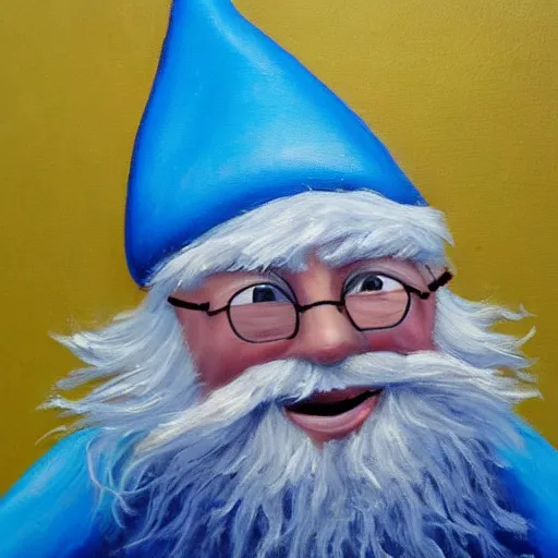 Image similar to professional oil painting portrait of a happy blue gnome, 8k, very intricate, very detailed, formal,