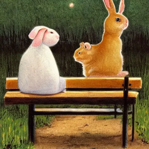 Prompt: a rabbit and a guinea pig watching the sunset together on a bench at a pond, in the style of carl larsson