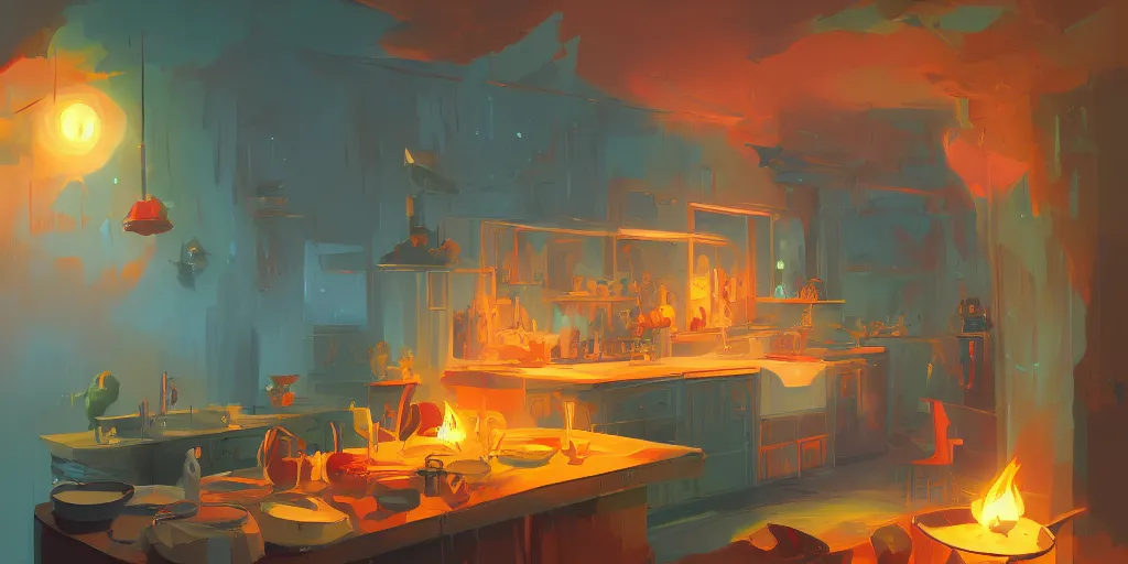 Image similar to 'weird perspective'!!!!!!!!! epic illustration of a kitchen dim lit by 1 candle in a scenic environment by Anton Fadeev