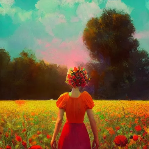 Prompt: large flower head, girl standing in a flower field, surreal photography, sunrise dramatic light, impressionist painting, colorful clouds, digital painting, artstation, simon stalenhag