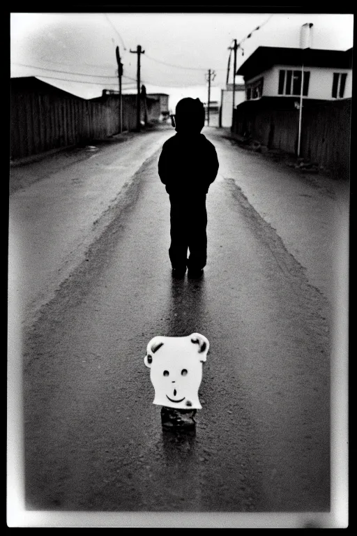 Image similar to photo polaroid of a sad and lonely child on a street in Greenland , melting ice, loneliness, black and white ,photorealistic, 35mm film,