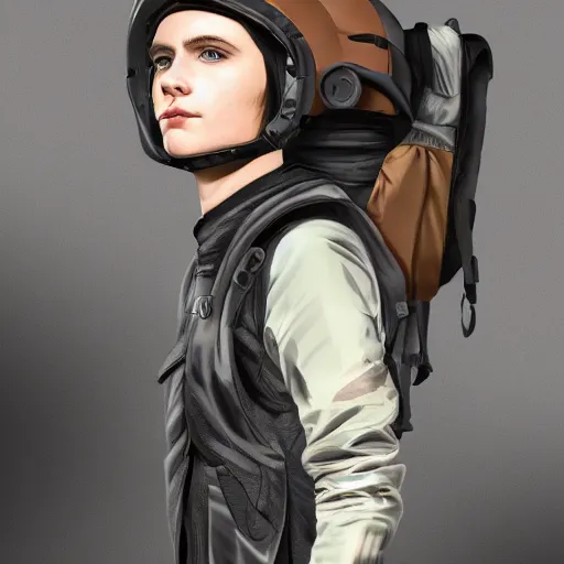 Prompt: futuristic rebel wearing black helmet, brown cloak, technical vest, and a backpack, photorealistic, digital art