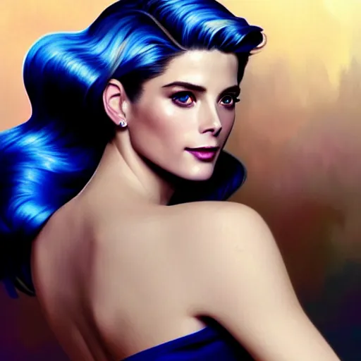 Image similar to Ashley Greene's face combined with Grace Kelly's face with blue hair as Sailor Moon, western, D&D, fantasy, intricate, elegant, highly detailed, digital painting, artstation, concept art, matte, sharp focus, illustration, art by Artgerm and Greg Rutkowski and Alphonse Mucha