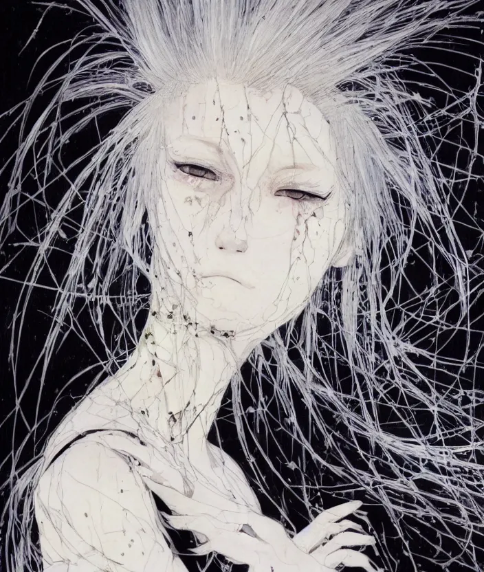 Image similar to Yoshitaka Amano realistic illustration of an anime girl with white hair and cracks on her face wearing dress suit with tie fluttering in the wind, abstract black and white patterns on the background, noisy film grain effect, highly detailed, Renaissance oil painting, weird portrait angle