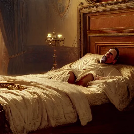 Image similar to the catholic pope in his bed, scared, because a horned demon is attacking him. highly detailed painting by gaston bussiere, greg rutkowski, craig mullins 8 k