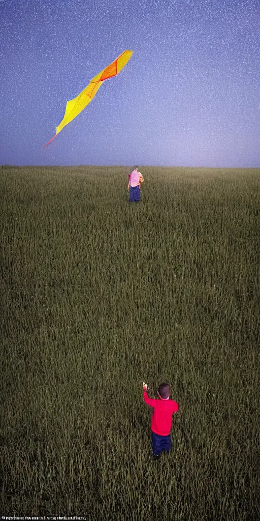 Prompt: the boy is standing in the field looking at a kite with a camera beam over his head that is pointing into the field at night, in the