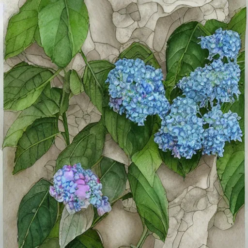 Image similar to delicate marble in a garden, stony, puffy, botanical herbarium paper, botanic, watercolor colored painting, pencil, iridescent colors, 8 k, realistic shaded, fine details, artstation, italian, colonnade, hydrangea, vines, gardena architecture, pompeii