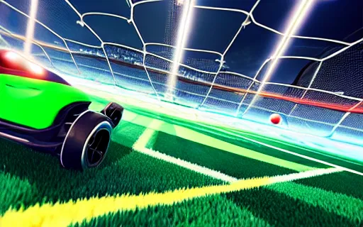 Image similar to rocket league goal, car soccer, ball exploding, dramatic lighting, moody lighting, muted color, 4 k, hq, octane render, dynamic angle, marketing, promotional.