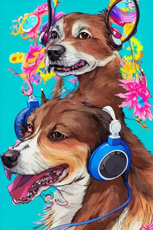 Prompt: maximalist joyful dog, headphones, pixiv fanbox, makoto shinkai takashi takeuchi studio ghibli, akihiko yoshida, yoshitaka amano, wangechi mutu, clean cel shaded vector art. shutterstock. behance hd by lois van baarle, artgerm, helen huang, rossdraws, illustration