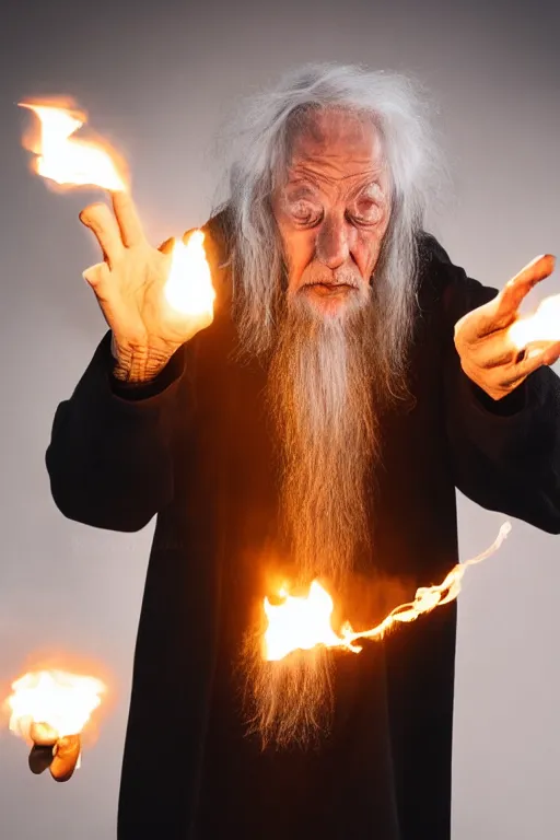 Prompt: elderly wizard conjuring up a fireball in his hand, promotional photo, studio lighting, portrait