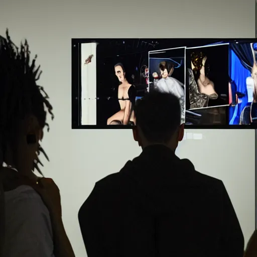 Image similar to art curator looking at a screen with a chat interface, recursive, on stage in the middle of a fashion show in the style of grand chamaco and stanley kubrick, inspired by y - 3, photorealistic, epic, super technical, cinematic still