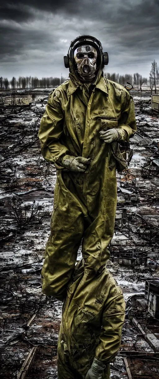 Image similar to an award winning portrait photo of chernobyl liquidator, postapocalyptic, 4 k, high quality, sharp focus