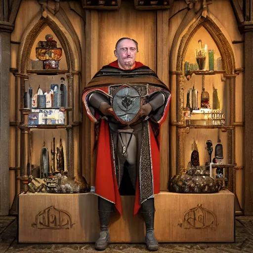 Image similar to full body portrait of Dennis hopper as a devious medieval lord standing on the right inside a big medieval Shop with tall windowpane, shelves full of medieval goods, morning light, trending on artstation, style of midjourney, unreal engine, octane render, intricate details, 8k high definition, beauriful, ornate, hyperrealistic