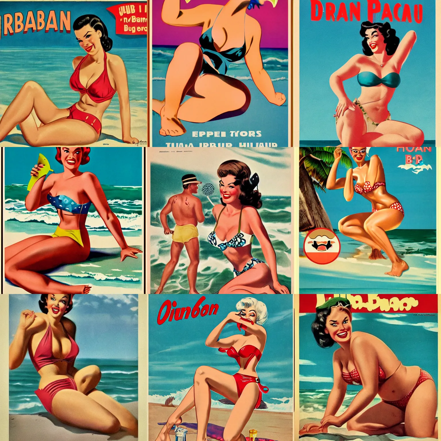 Prompt: Human-dinosaur hybrid wearing a bikini at the beach, pin up style poster, 1950s advertisement