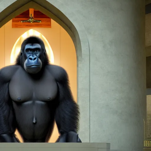 Image similar to big gorilla man terroizing church, 8k cinematic lighting, very sharp detail, anatomically correct