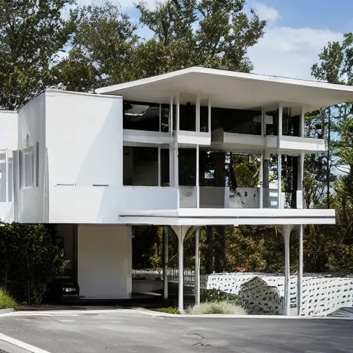 Image similar to second story elevated white brutalist home perched atop 2 equidistant separated large piers, double cantilevered design, large windows, elegant, white stone, proportion, golden ratio, epic composition, steel window mullions, cars parked underneath