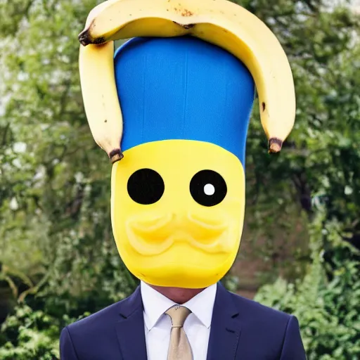 Image similar to banana head, a man wearing a suit banana head