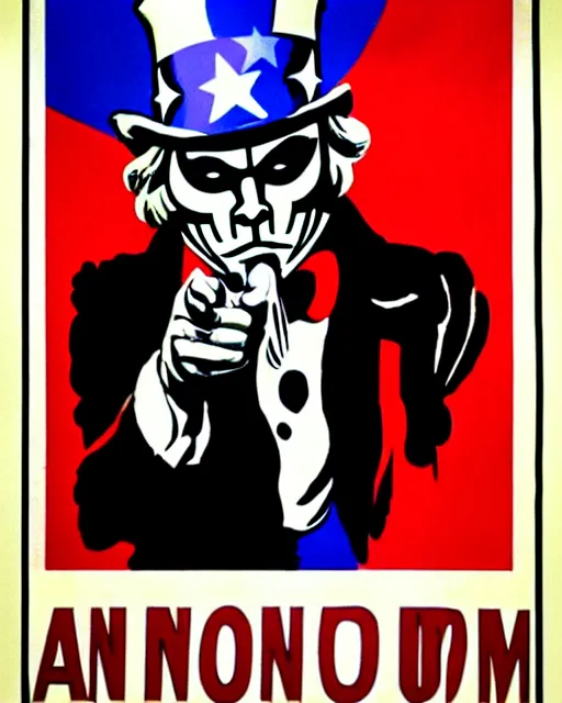 Prompt: anonymous as uncle sam propaganda poster in the year 1 9 8 7, ultra realistic concept art intricate detail