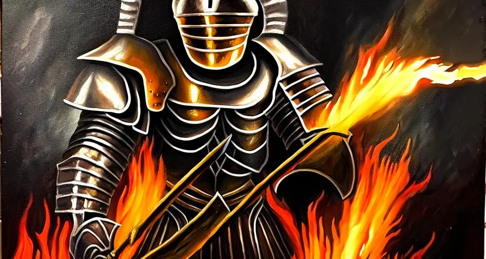 Image similar to An oil painting of a knight in dark metal armor wielding a flaming sword