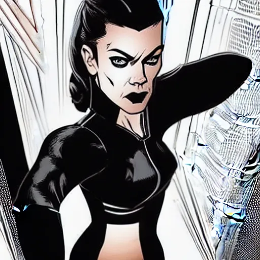 Image similar to Rafael Albuquerque comic art, Adrianne Palicki as a Russian spy, black outfit, smirk, fun pose, hair pulled back symmetrical face, symmetrical eyes, realistic face