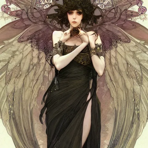 Image similar to beautiful angelic seductive witch, fantasy, intricate, cinematic lighting, highly detailed, digital painting, artstation, smooth, sharp focus, illustration, art by Akihiko Yoshida, Greg Rutkowski and Alphonse Mucha, by Pixar