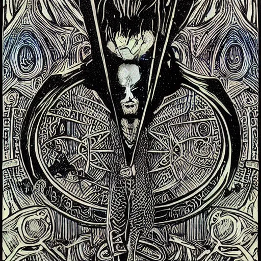 Prompt: black paper + tarot card + pinocchio from The Lord of the Rings, vintage detailed fantasy illustration designed by Gerald Brom + psychedelic black light style + intricate ink illustration + symmetry + elden ring