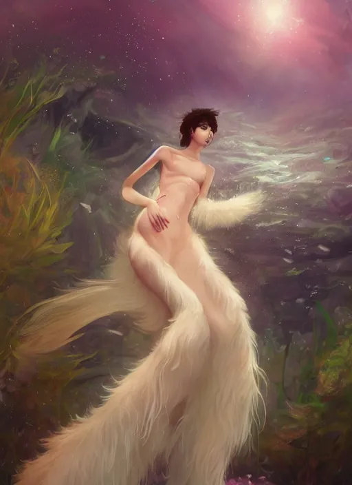 Prompt: beautiful wide angle full body portrait of a cute male anthropomorphic anthro border collie fursona wearing an evening gown underwater, character design by charlie bowater, henry asencio, and ross tran, scenic background, detailed, glamor pose, aesthetic, furry, trending on artstation, furaffinity, deviantart