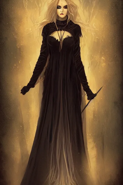 Image similar to tarot, beautiful wicked female occultist, sweeping ombre blonde hair, red eyes, high cheekbones, Victorian, black velvet dress, dark colors, magic Amulet, raven, fantasy painting, trending in Artstation, GSociety, by Charlie Bowater, Brom, Bastien Lecouffe-Deharme