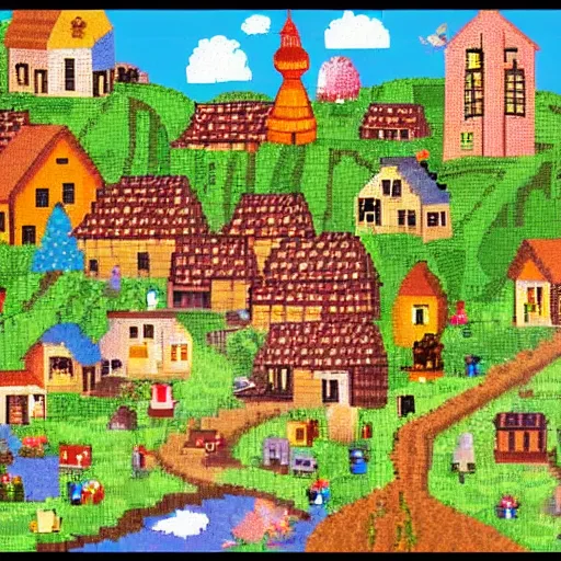 Image similar to sunny magical village with fairies and animals and plants and brewery and mill and giant sleeping next to it, pixel art