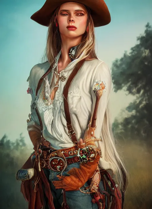 Prompt: detailed full body concept oil painting of a cowgirl, beautiful face, elegant pose, fantasy, illustration, insanely detailed and intricate clothing, octane render, 4k