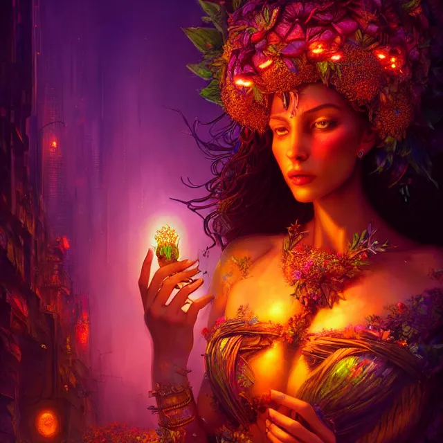 Image similar to Beautiful 3d render of the flower queen goddess in a sensual pose, atmospheric lighting, painted, intricate, volumetric lighting, beautiful, rich deep colours masterpiece, sharp focus, ultra detailed, in the style of Dan Mumford and marc simonetti, with a crowded futuristic cyberpunk city in the background, astrophotgraphy