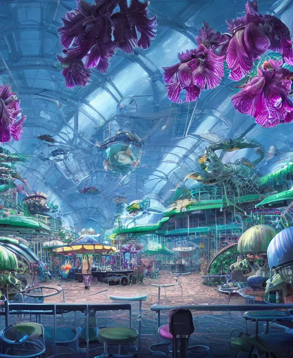 Image similar to a amusement park made out of seamless alien isopods, in the style of an aerodynamic robot, overgrown with puffy orchids, partly cloudy, somber, dramatic lighting, by dan mumford, yusuke murata, makoto shinkai, ross tran, cinematic, unreal engine, cel shaded, featured on artstation, pixiv