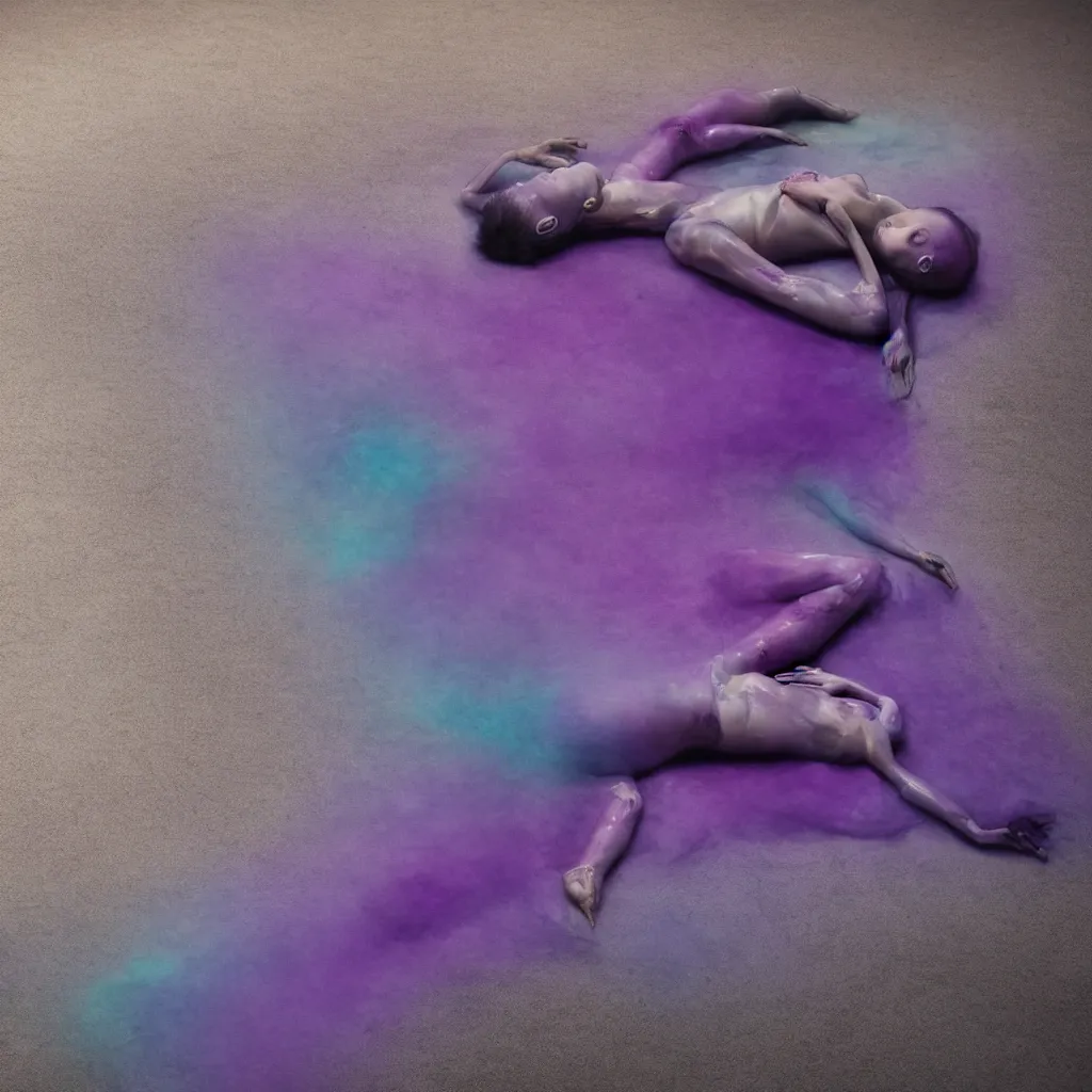 Image similar to iridiscent oil spill with women corpses connected by cables and computers to wax forms to a buried baby relaxing on yoga mat, faded, purple gradient, dust, purple fog, depth of field, by nadav kander and hans bellmer, 8 k, ultrarealistic, sad atmosphere, cinematic, 8 5 mm lens