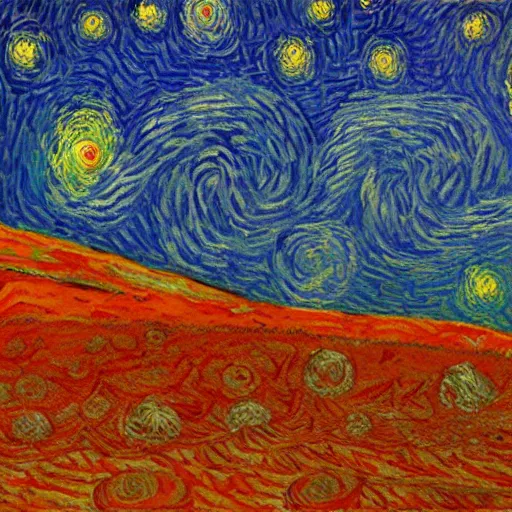 Image similar to starry night on mars, red dust, snakes, dim distant light, towers, painting by van gogh