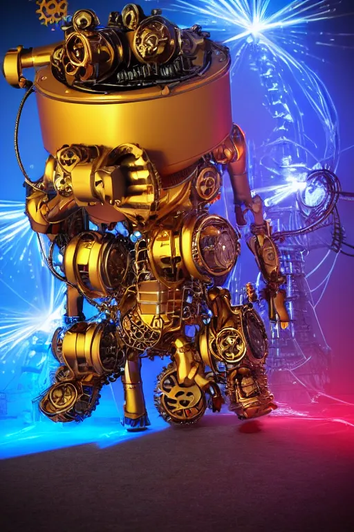 Image similar to portrait photo of a giant huge golden and blue metal humanoid steampunk robot witha huge camera on the head, with gears and tubes, eyes are glowing red lightbulbs, shiny crisp finish, 3 d render, 8 k, insaneley detailed, fluorescent colors, background is multicolored lasershow