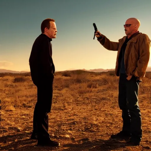 Image similar to movie still of Jack Bauer and Walter White arguing, 4k, golden hour