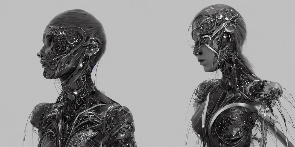 Image similar to hyper realistic photography of a stunningly beautiful cyborg female, intimate, holding close, ribbon, razors, in the style of beth cavener, jin kagetsu,, and wlop, highly detailed, intricate filigree, symmetry, masterpiece, award winning, sharp focus, concept art, highkey lighting, ambient lighting, octane render, 8 k, artstation