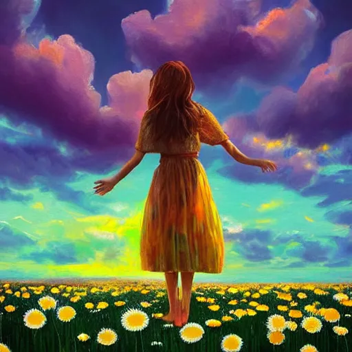 Image similar to head made of giant daisies, girl standing barefoot in a vast flower field, holding chest, surreal photography, sunrise dramatic light, impressionist painting, colorful clouds, large sky, digital painting, artstation, simon stalenhag, flower face