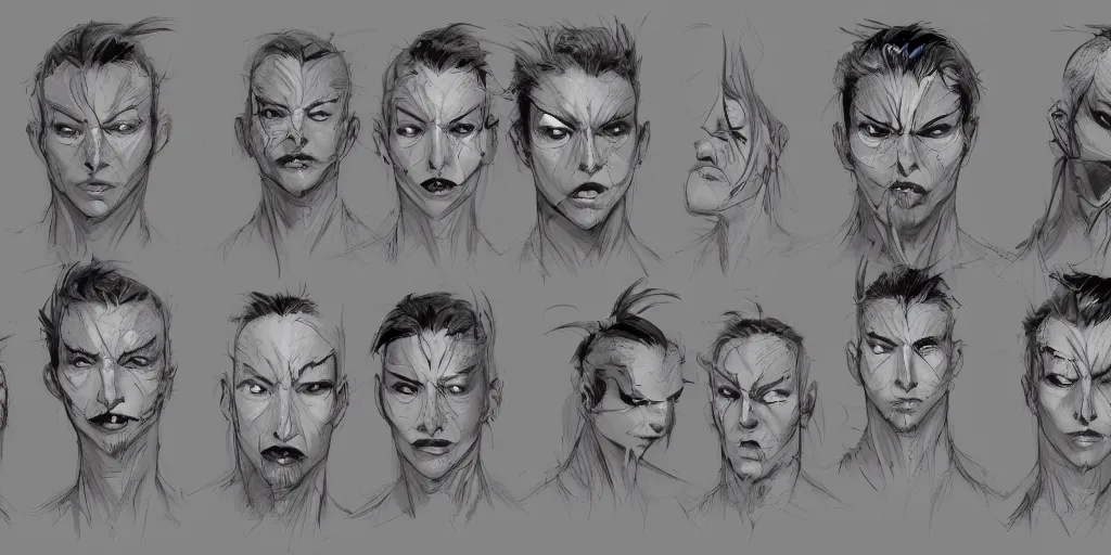 Image similar to arcane character face study, character sheet, concept design, contrast, kim jung gi, greg rutkowski, zabrocki, karlkka, jayison devadas, trending on artstation, 8 k, ultra wide angle, pincushion lens effect