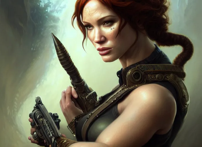 Image similar to portrait shot of christina hendricks as lara croft, intricate, elegant, highly detailed, centered, digital painting, artstation, concept art, smooth, sharp focus, illustration, artgerm, tomasz alen kopera, peter mohrbacher, donato giancola, joseph christian leyendecker, wlop, boris vallejo