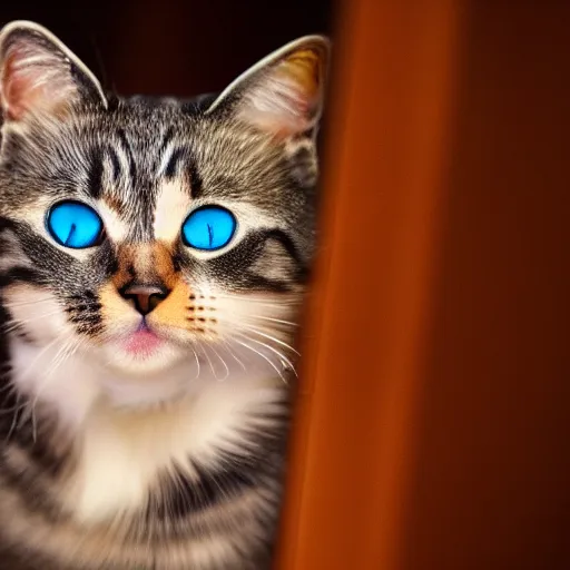 Image similar to A beautiful photo of a cat looking out of the window at night,It has big blue eyes , Photography , Long-range shots