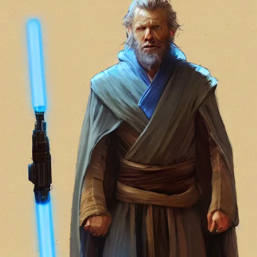 Image similar to portrait of a man by greg rutkowski, old jedi master, he looks like cameron monaghan, beard, wearing a blue jedi robes, star wars expanded universe, he is about 8 0 years old, highly detailed portrait, digital painting, artstation, concept art, smooth, sharp foccus ilustration, artstation hq