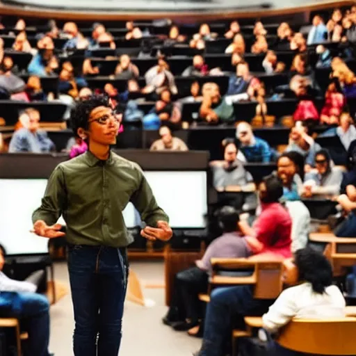 Prompt: A neo-sapien holding a lecture at a highly respected university, people standing in admiration clapping
