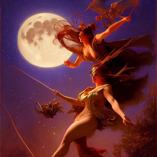 Image similar to attractive witch magically flying trough the night, fantasy, full moon in background. highly detailed painting by gaston bussiere, craig mullins, j. c. leyendecker 8 k