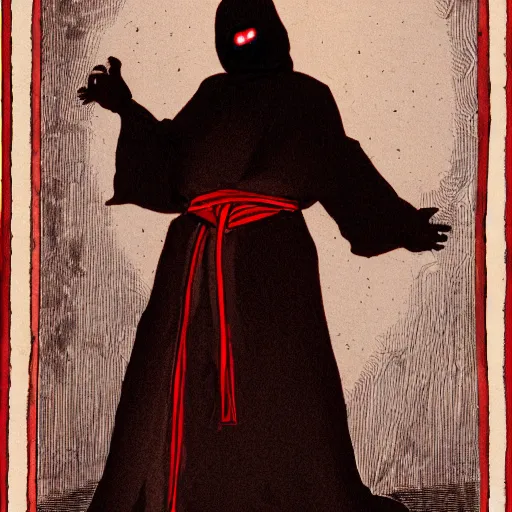 Prompt: A dark personality who hides in the robes of a murderer. Only his red eyes are visible, as well as his hands, which are wrapped in rags. The skin has a black color. There are daggers on the belt. There is a hood on his head. All in the fantasy style.
