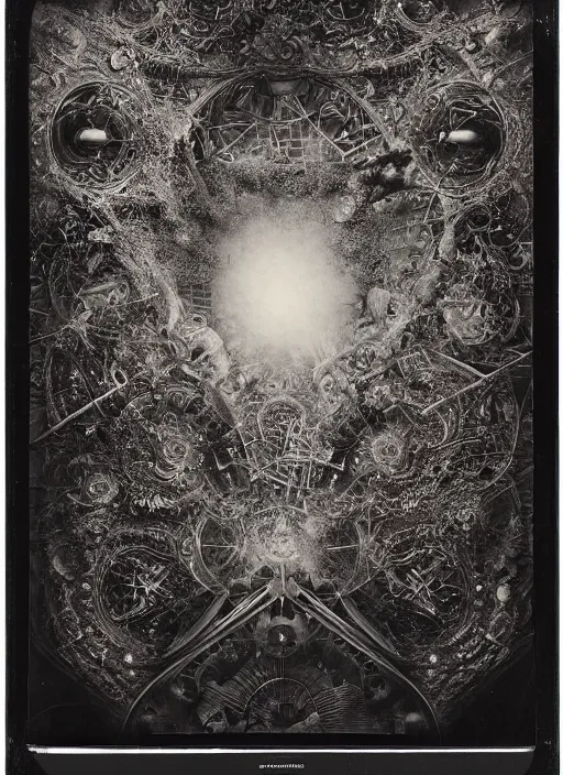 Image similar to old wetplate daguerreotype the opening of pandora's box, explosion of data fragments, fractal, intricate, elegant, highly detailed, parallax, leica, medium format, subsurface scattering, by jheronimus bosch and greg rutkowski and louis jacques mande daguerre