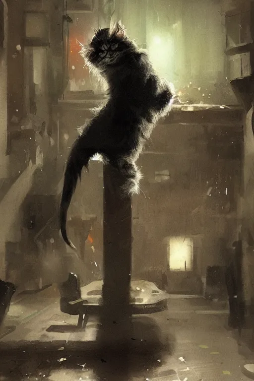 Prompt: of a british longhair cat wearing and act like a gangster in the night club, by greg rutkowski