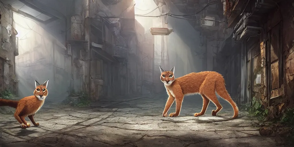 Image similar to a cute caracal in an abandoned alleyway, medium shot, waist up, studio Ghibli, Pixar and Disney animation, sharp, very detailed, high resolution, Rendered in Unreal Engine 5, anime key art by Greg Rutkowski, Bloom, dramatic lighting